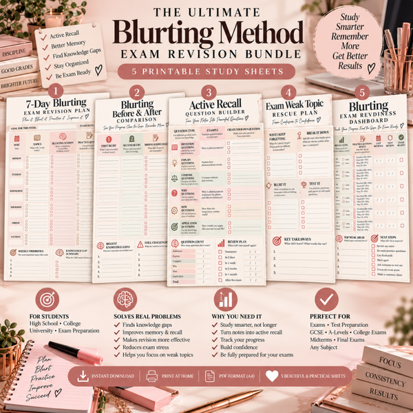 Blurting Method Exam Revision Bundle | Active Recall Study Planner & Exam Study Printables