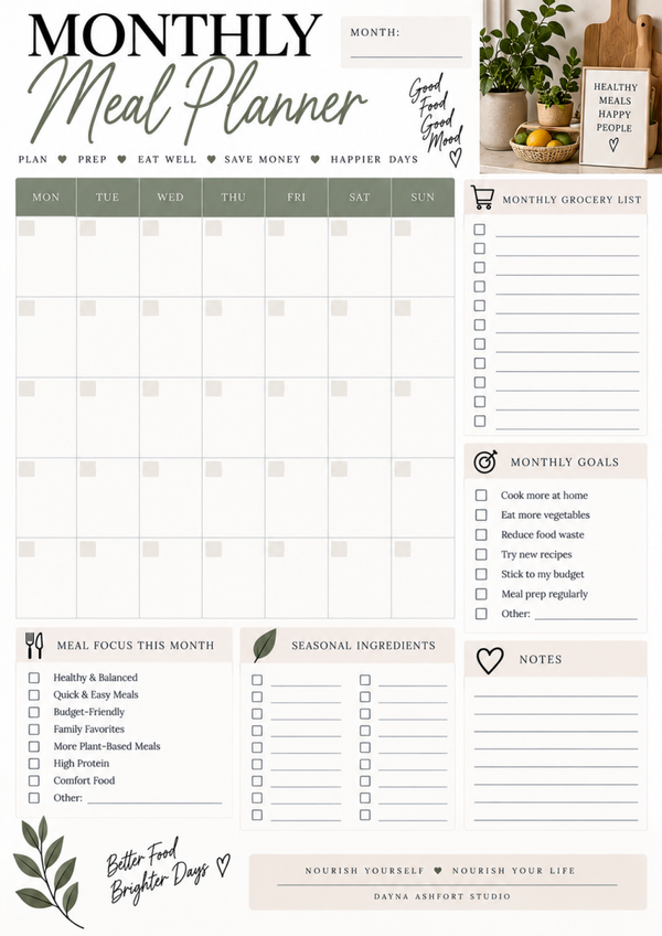 Monthly Meal Planner Printable | Meal Planning Calendar & Grocery List