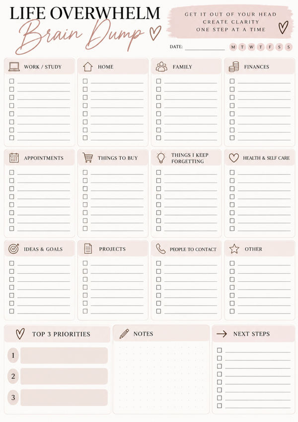 Life Overwhelm Brain Dump Printable | Organize Your Life & Clear Your Mind
