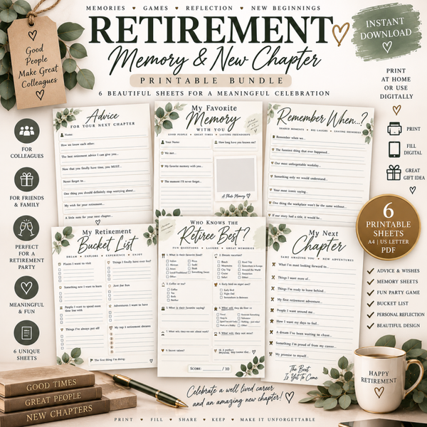 Retirement Party Printable Bundle | 6 Retirement Games, Memory & Advice PDF Sheets