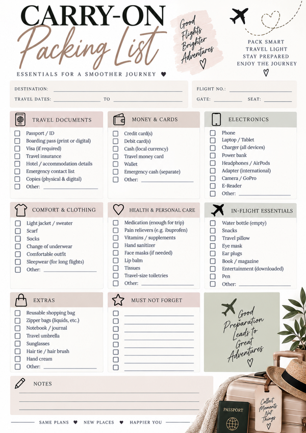 Carry On Packing List Printable | Travel Essentials & Vacation Packing Checklist