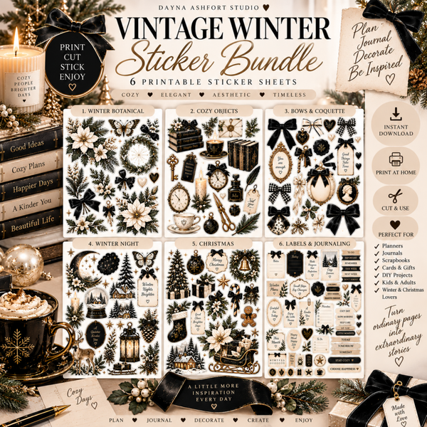 Vintage Winter Sticker Bundle | 6 Printable Winter & Christmas Sticker Sheets