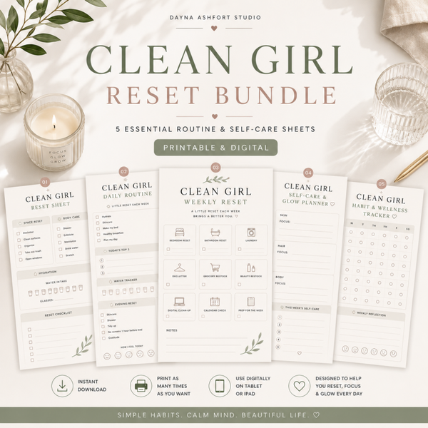 Clean Girl Reset Planner Bundle | 5 Printable Self-Care & Routine PDF Sheets