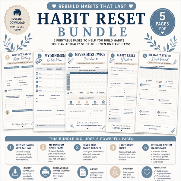 Habit Reset Planner Printable | Habit Tracker & Routine Building Workbook Bundle