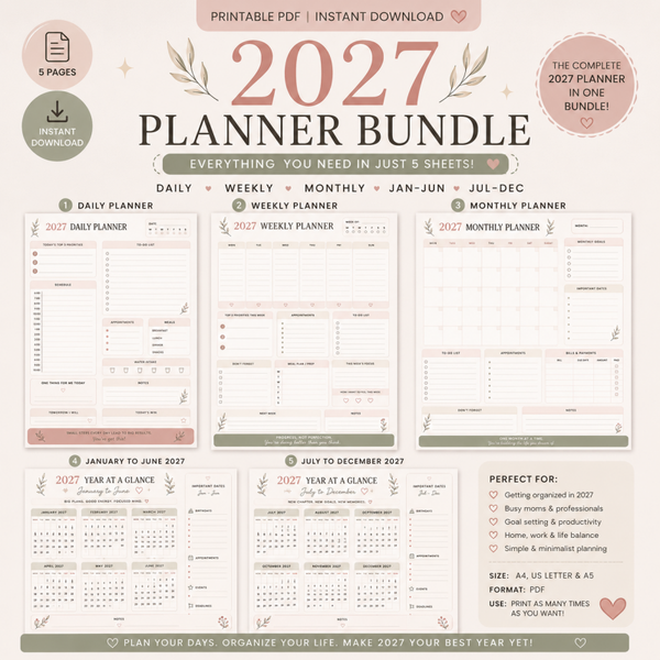 2027 Planner Printable Bundle | Daily Weekly Monthly Planner, 2027 Calendar & Year at a Glance