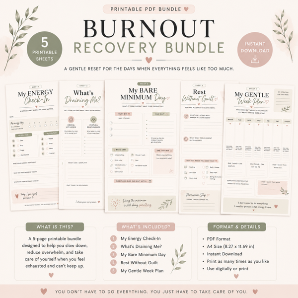 Burnout Recovery Planner Printable | Self Care Reset, Overwhelm Workbook & Gentle Weekly Planner