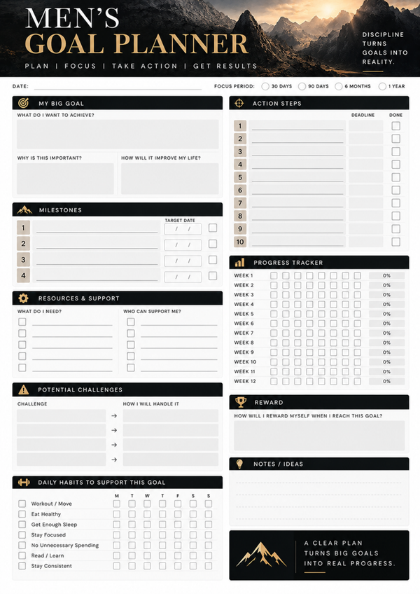 Men’s Goal Planner Printable – 90 Day Goals, Action Plan & Progress Tracker