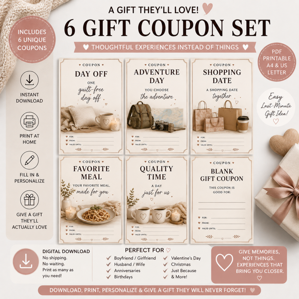 Printable Gift Coupons for Couples | Love Coupon Book, Experience Gift Vouchers & Date Night Gift