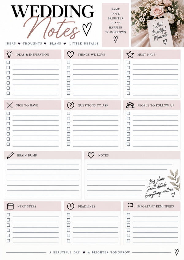 Wedding Planner Printable | Wedding Notes, Checklist & Bride to Be Planning Sheet