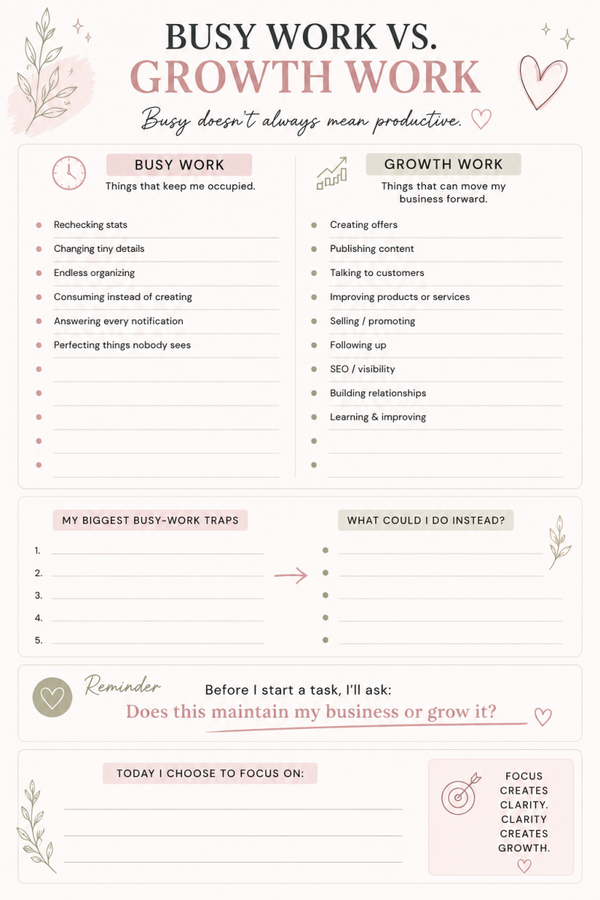 Small Business Planner Printable | Busy Work vs Growth Work Worksheet for Entrepreneurs