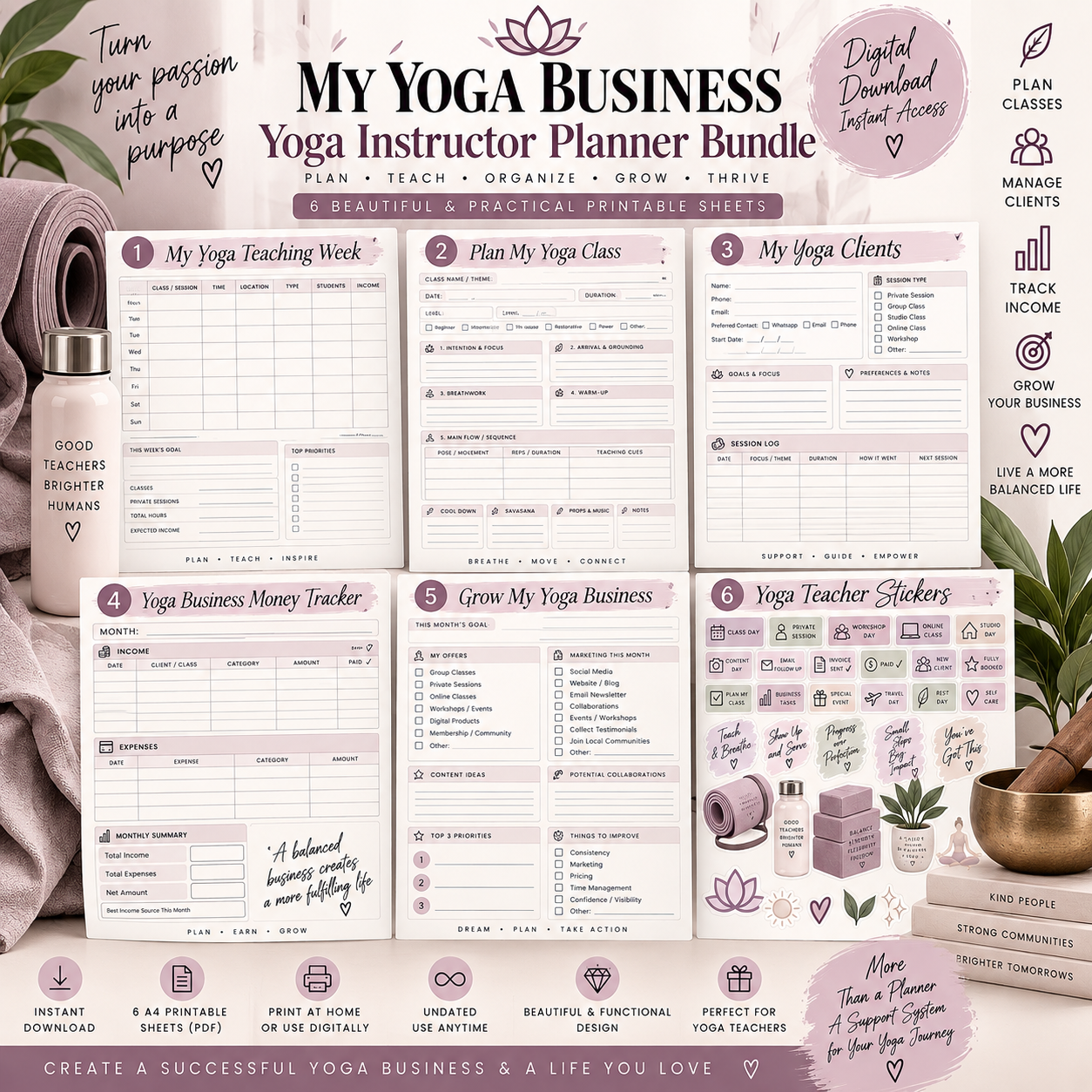 Yoga Instructor Business Planner Bundle | 6 Printable Yoga Teacher PDF Sheets