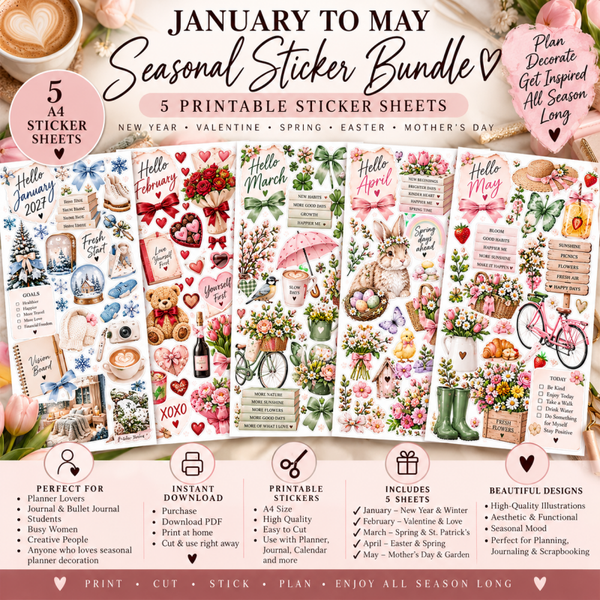 Printable Seasonal Planner Sticker Bundle January–May | 5 A4 Digital Sticker Sheets