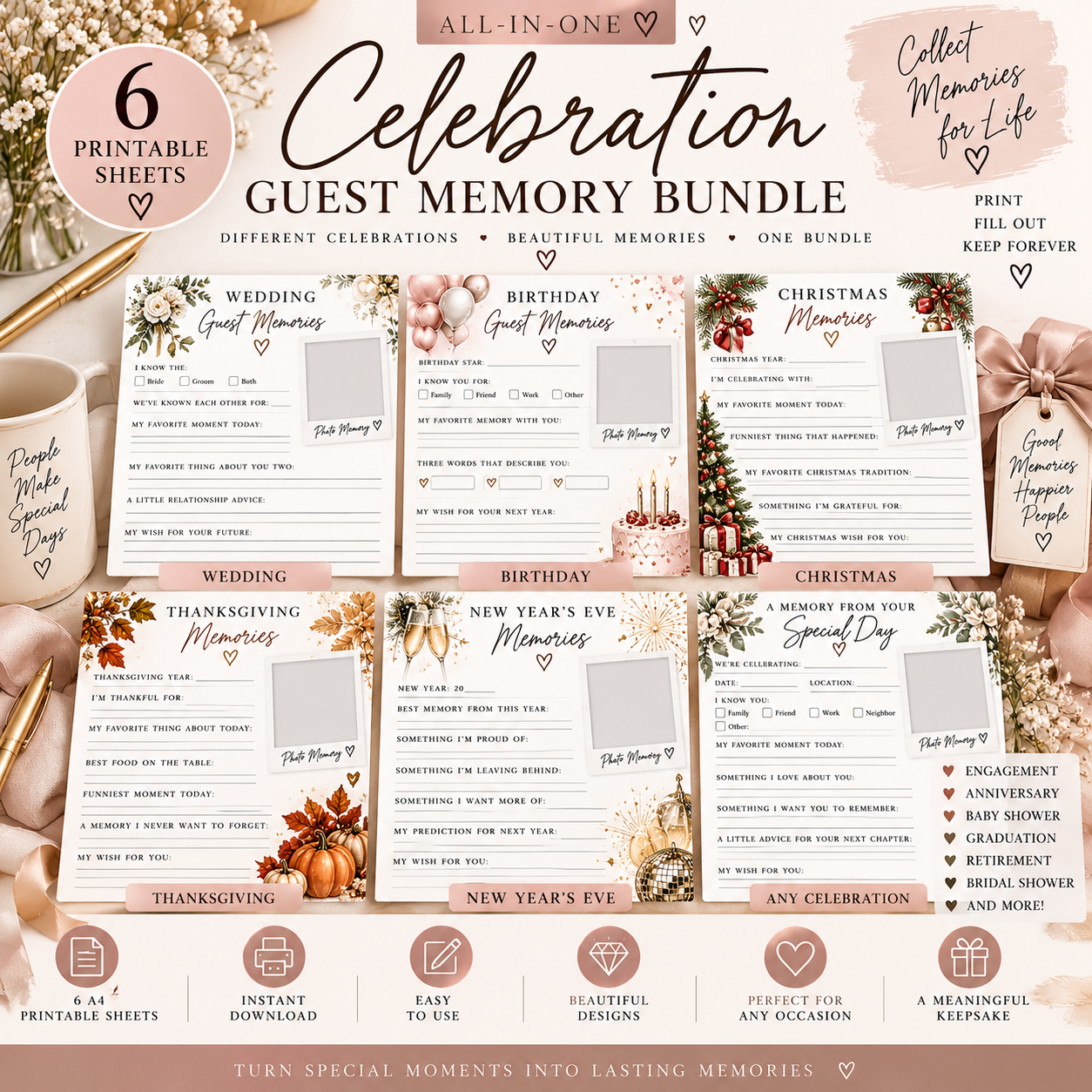 Celebration Guest Memory Bundle | 6 Printable Wedding, Birthday & Holiday Memory Sheets