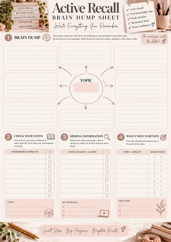 Free Active Recall Brain Dump Sheet | Exam Revision & Study Printable
