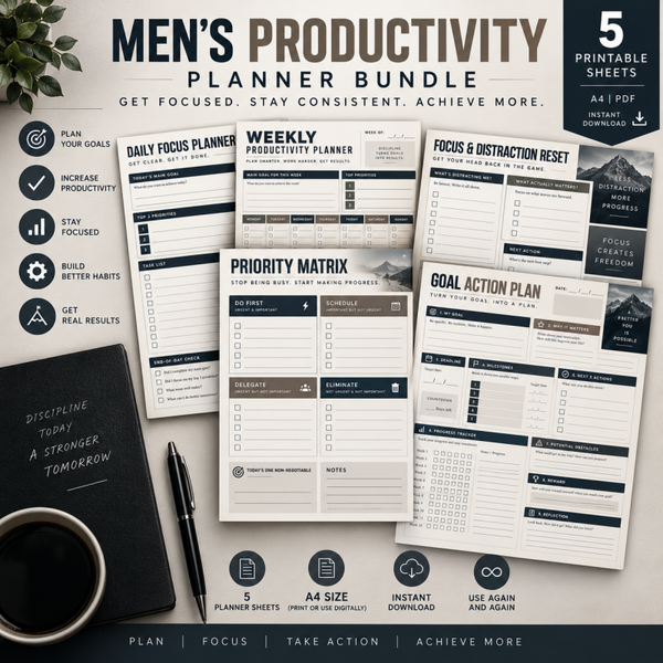 Men’s Productivity Planner Bundle | Daily & Weekly Planner, Priority Matrix, Goal & Focus Planner Printable
