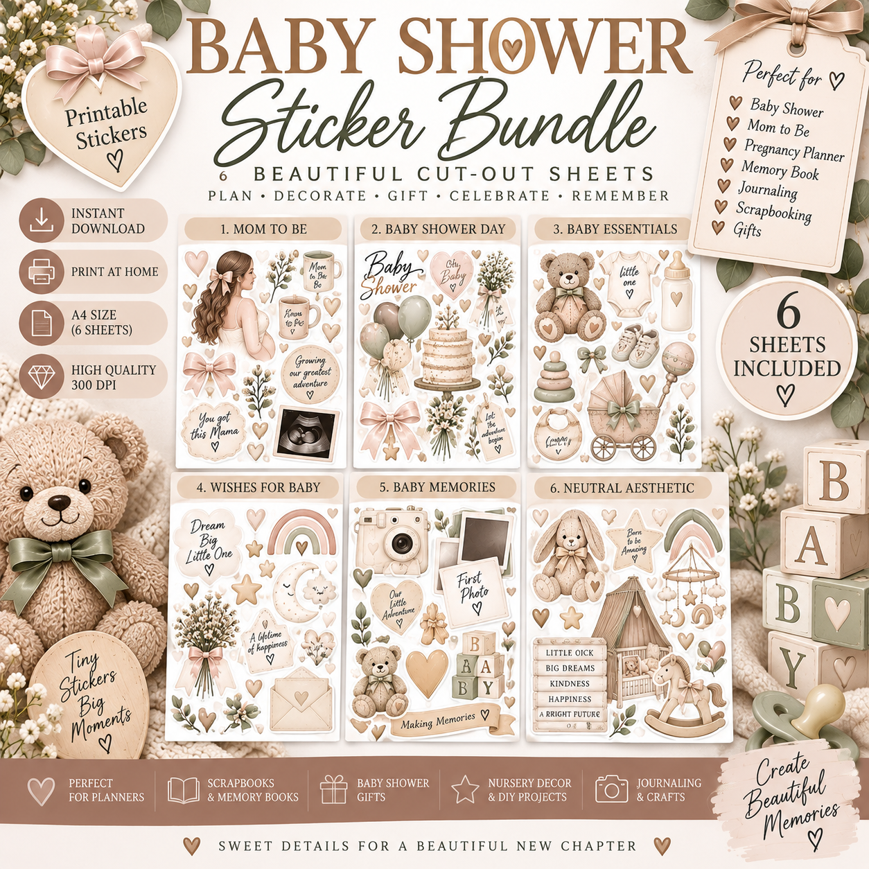 Baby Shower Sticker Bundle | 6 Printable Baby Planner & Scrapbook Sticker Sheets