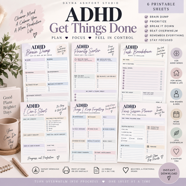 ADHD Planner Printable Bundle – Productivity, Task & Focus Planner | 6 PDF Worksheets