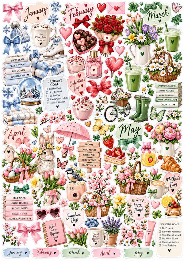 Free Seasonal Planner Stickers January–May | Printable Sticker Sheet