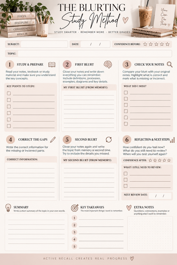 Free Blurting Study Method Worksheet | Active Recall Study Sheet Printable