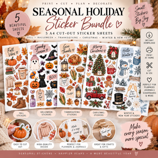 Seasonal Holiday Stickers Printable | Fall Halloween Thanksgiving Christmas Winter Planner Sticker Bundle