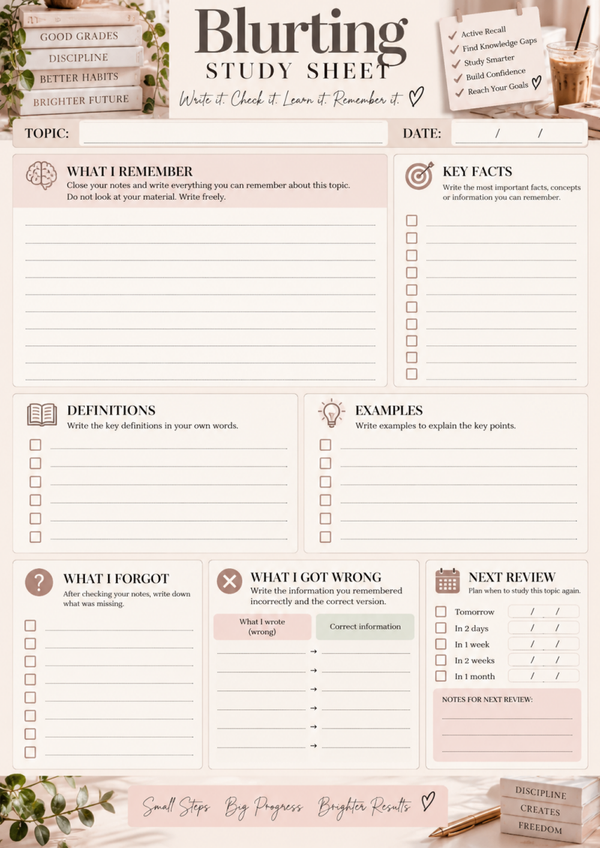 Free Blurting Method Study Sheet Printable | Active Recall & Exam Revision Worksheet