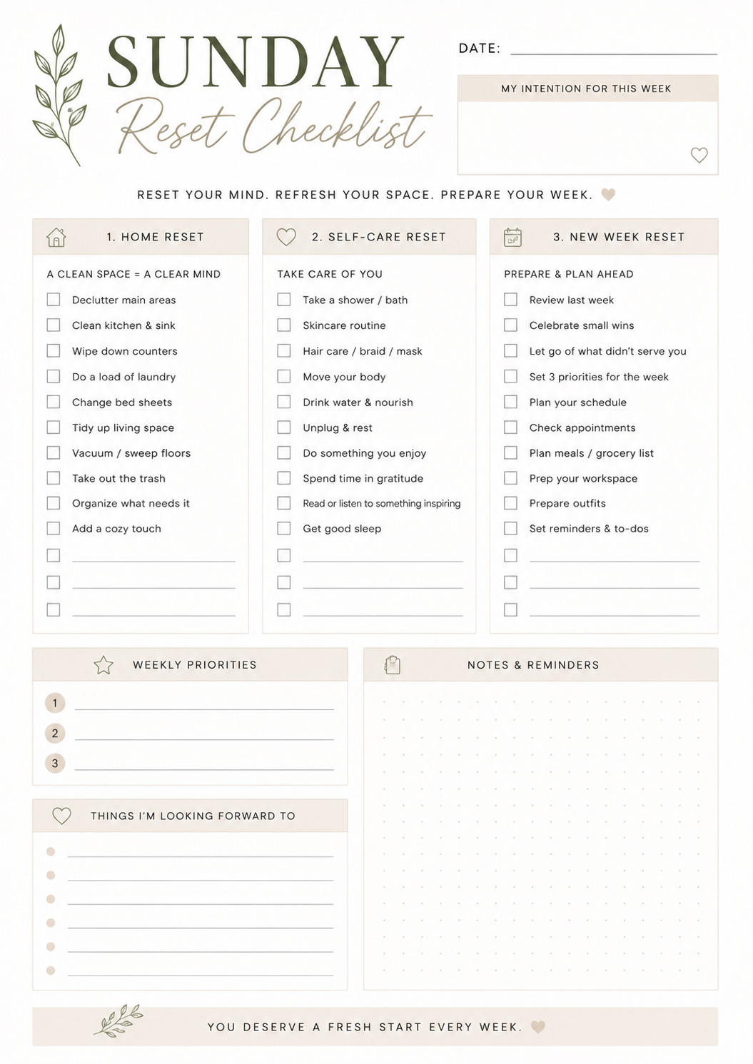 Free Sunday Reset Checklist Printable – Weekly Home, Self-Care & Planning Reset