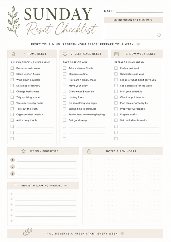 Free Sunday Reset Checklist Printable – Weekly Home, Self-Care & Planning Reset