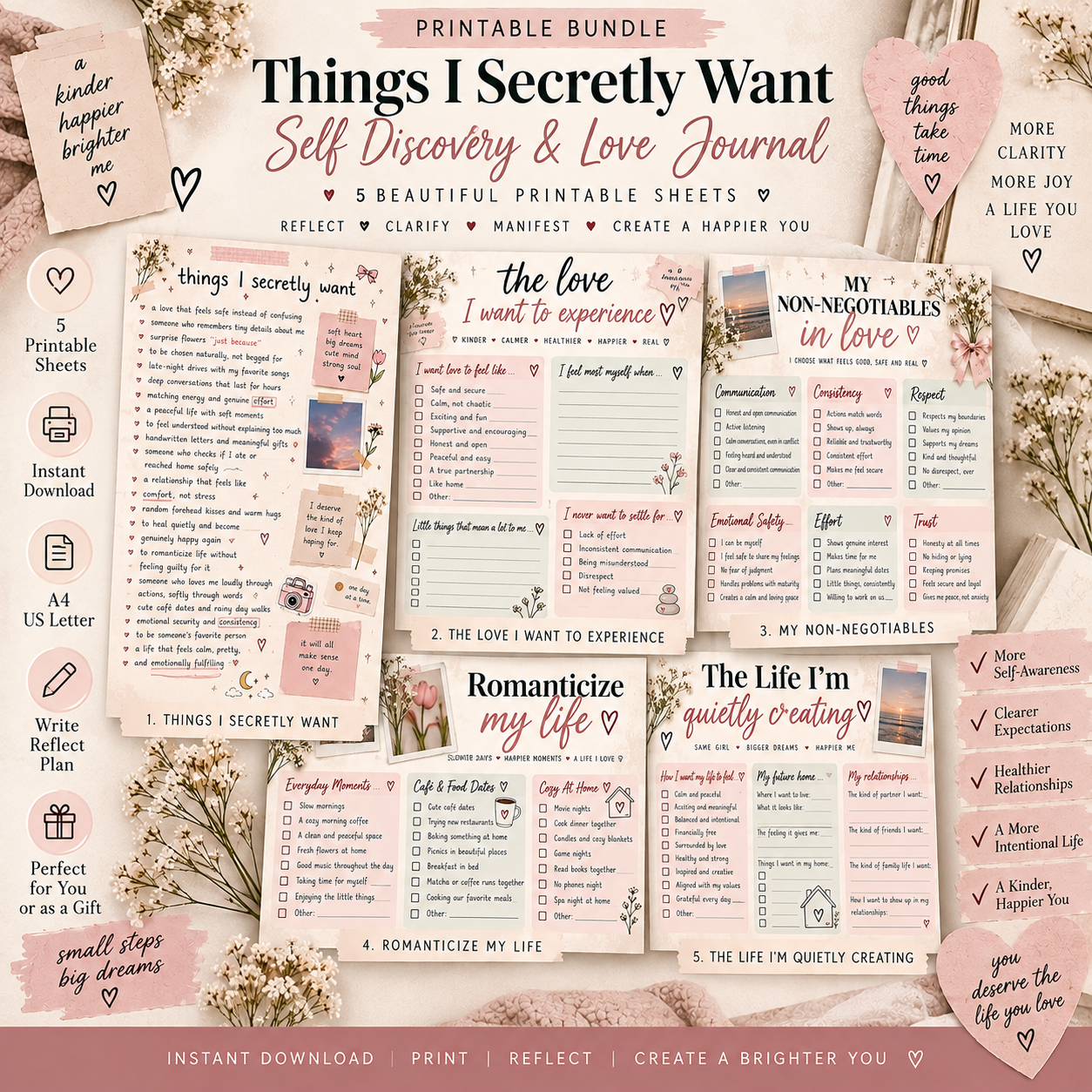 Things I Secretly Want Journal Bundle | 5 Printable Self Discovery, Self Love & Life Reflection Sheets