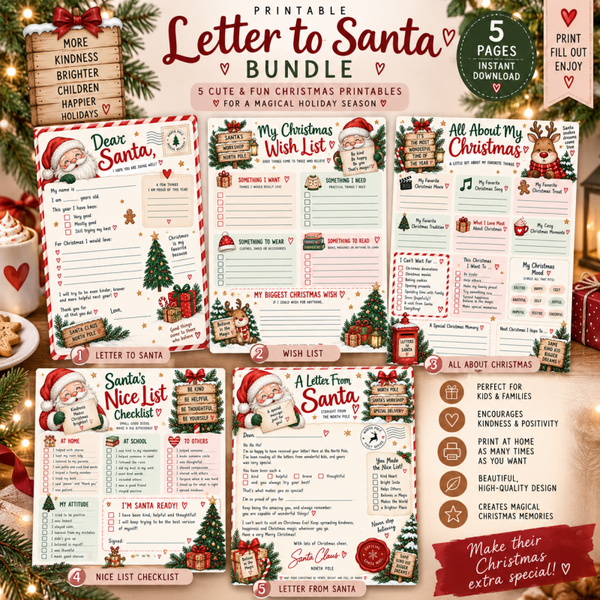Letter to Santa Printable Bundle | 5 Christmas Activities, Wish List & Nice List Sheets for Kids