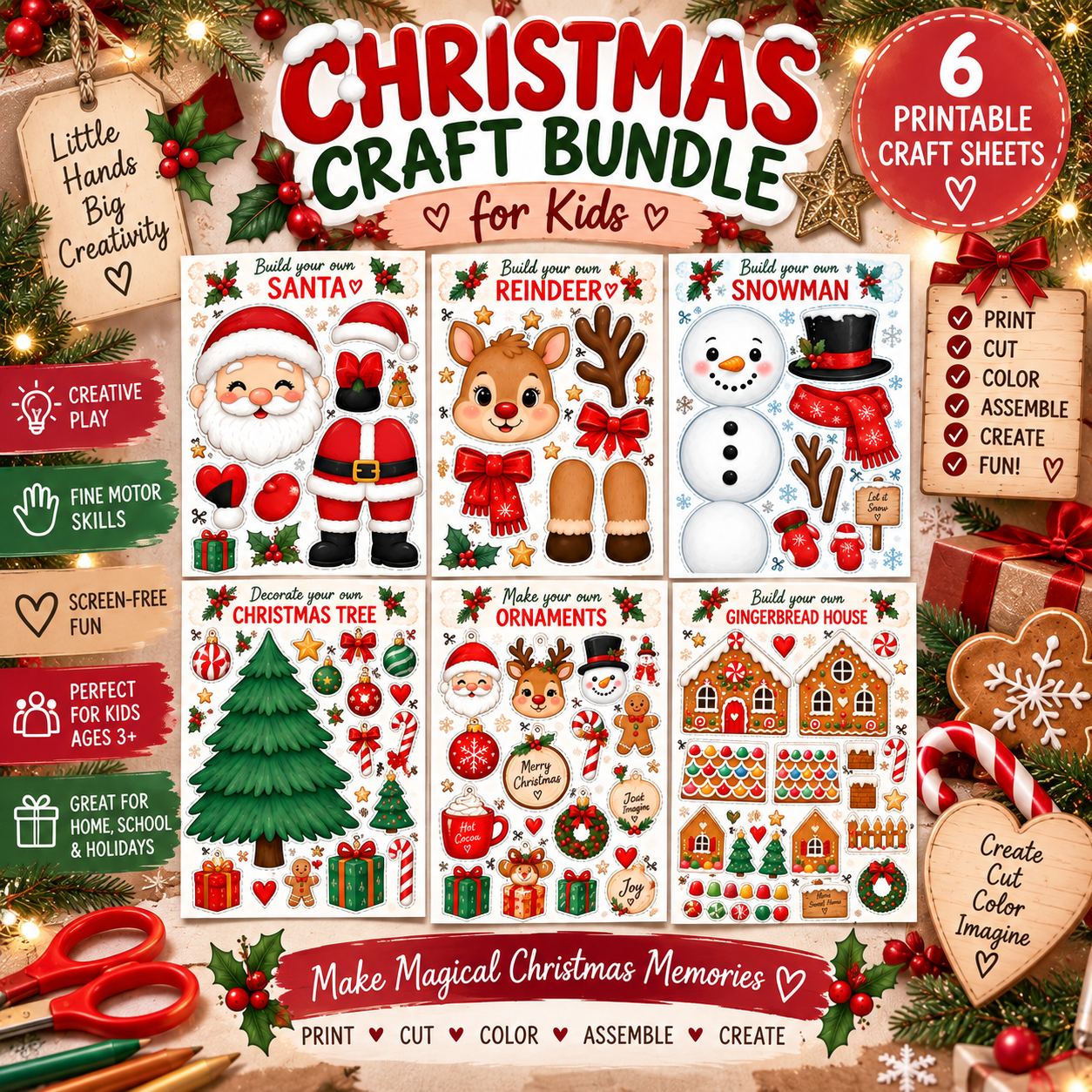 Christmas Craft Bundle for Kids | 6 Printable Cut & Paste Christmas Activity Sheets
