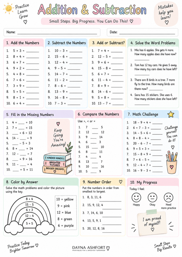 Free Addition & Subtraction Worksheets for Kids – Printable Math Practice