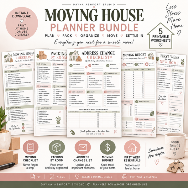 Moving House Planner Printable Bundle | Moving Checklist, Packing List, Budget & Address Change