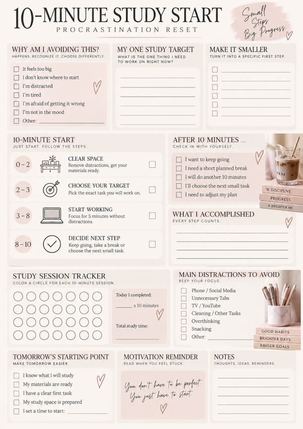 10-Minute Study Start – Study Procrastination Reset Printable