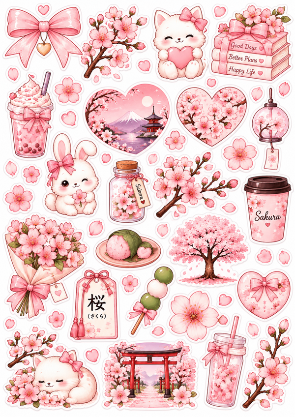 Free Sakura Sticker Sheet | Cherry Blossom Kawaii Printable Stickers