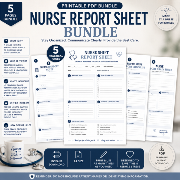 Nurse Report Sheet Printable Bundle | Nursing Shift Report, Handoff Sheet & Nurse Brain Sheet