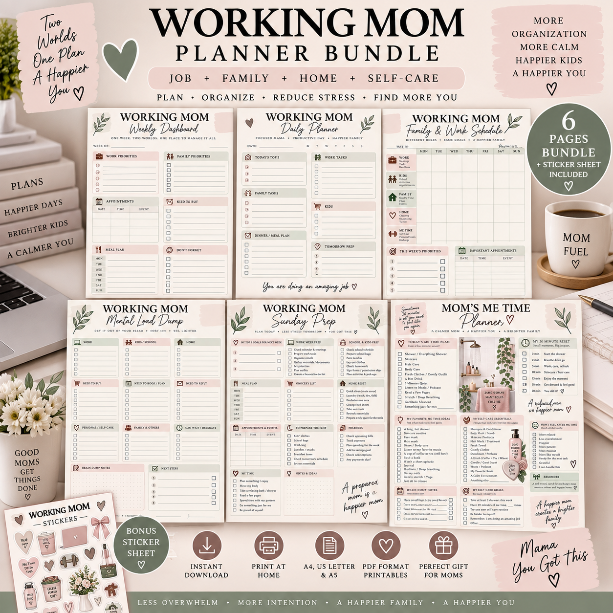 Working Mom Planner Bundle | 6 Printable Work, Family & Self-Care Planner Sheets + Stickers