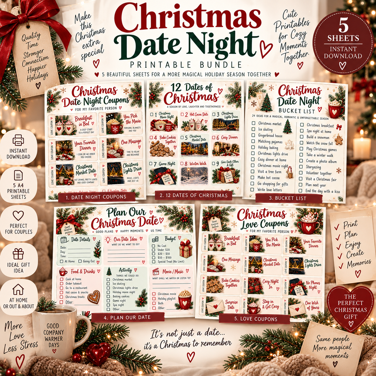Christmas Date Night Planner Bundle | 5 Printable Christmas Couples Activities & Love Coupons