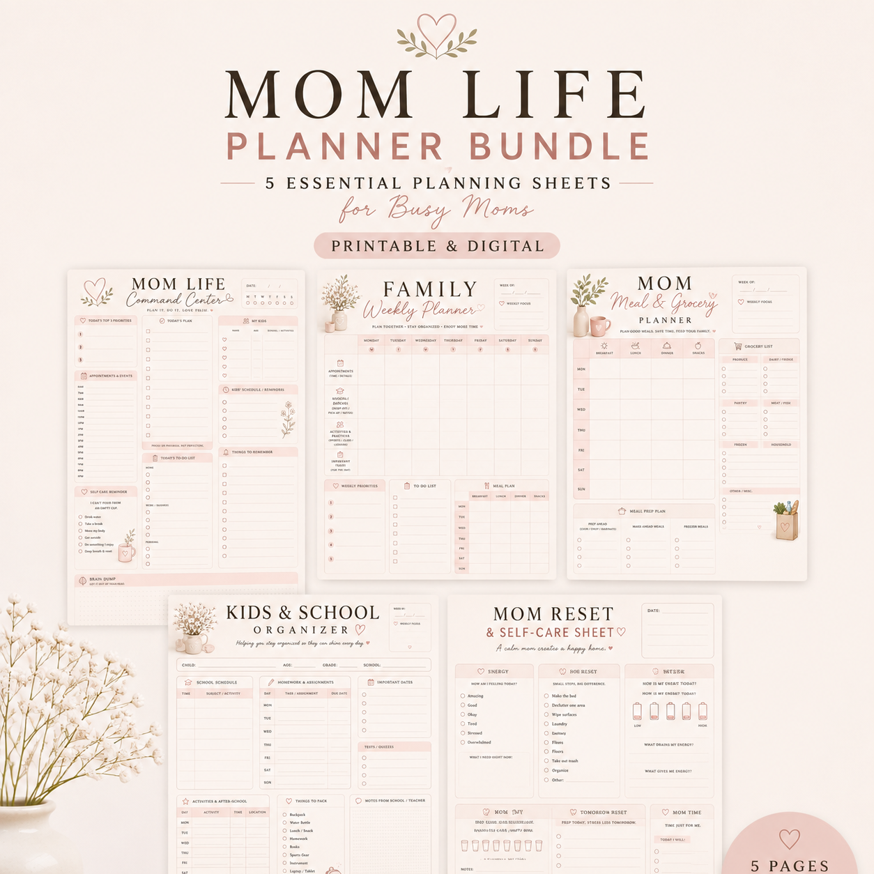 Mom Life Planner Bundle | 5 Printable PDF Planner Sheets for Busy Moms