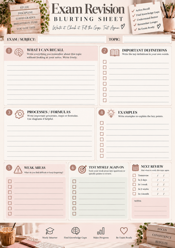 Free Exam Revision Blurting Sheet | Active Recall Study Worksheet Printable
