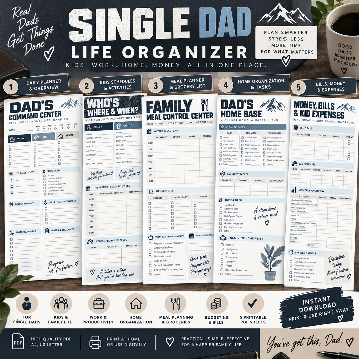 Single Dad Life Organizer | 5 Printable Dad Planner & Family Organization PDF Sheets