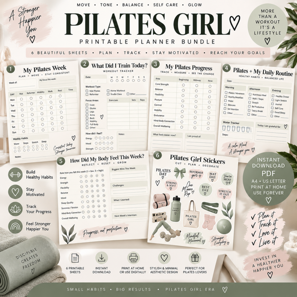 Pilates Girl Planner Bundle | 6 Printable Pilates Workout & Wellness PDF Sheets