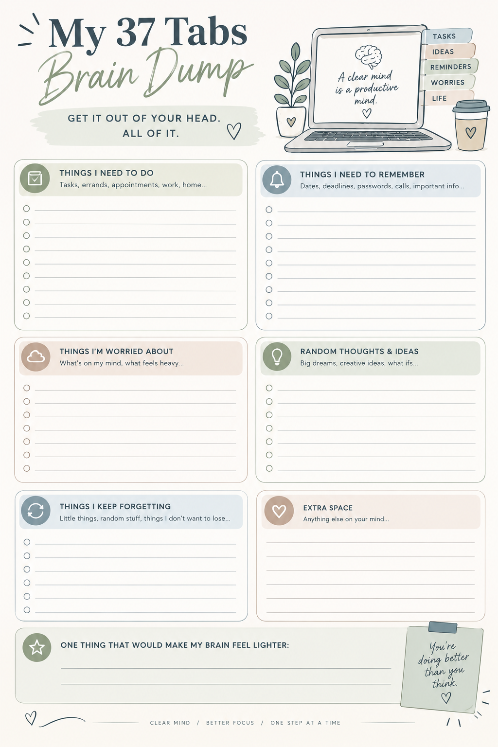 ADHD Brain Dump Printable | ADHD Planner for Overwhelm, Focus & Executive Function