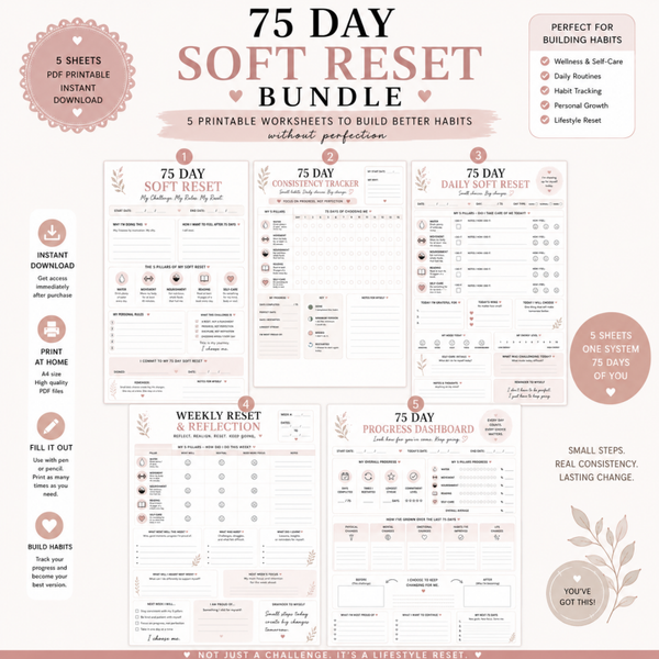 75 Day Soft Reset Planner Printable | Habit Tracker & Wellness Challenge Bundle