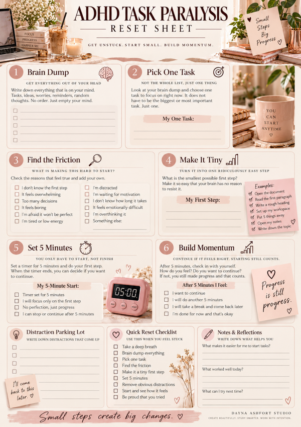 Free ADHD Task Paralysis Reset Sheet | ADHD Productivity Printable