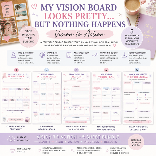 Vision Board Action Planner Printable | Goal Setting Workbook, 90 Day Goal Planner & Vision Board Worksheets