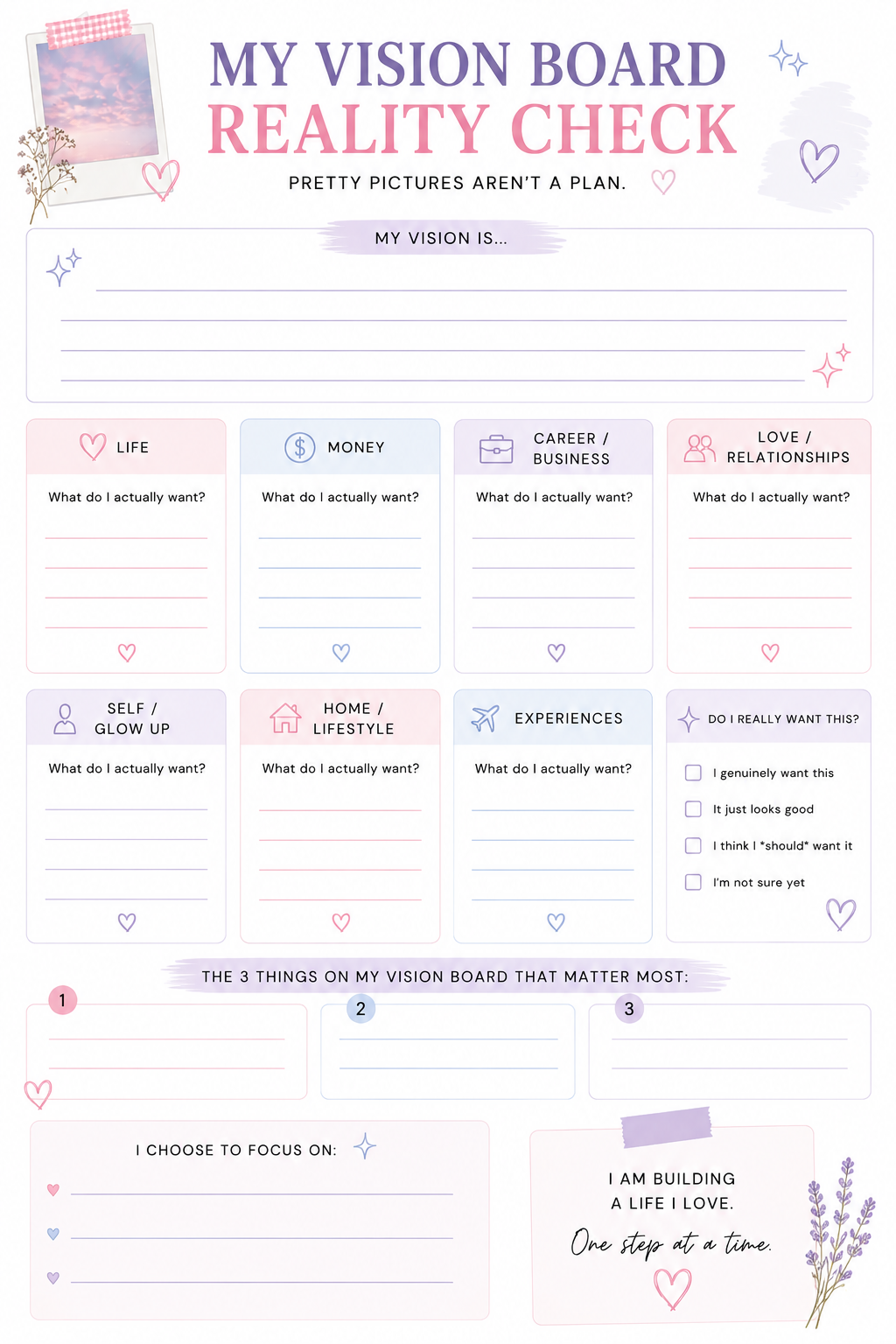 Vision Board Planner Printable | Goal Setting & Dream Life Reality Check Worksheet