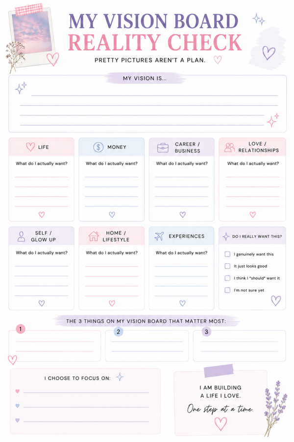 Vision Board Planner Printable | Goal Setting & Dream Life Reality Check Worksheet