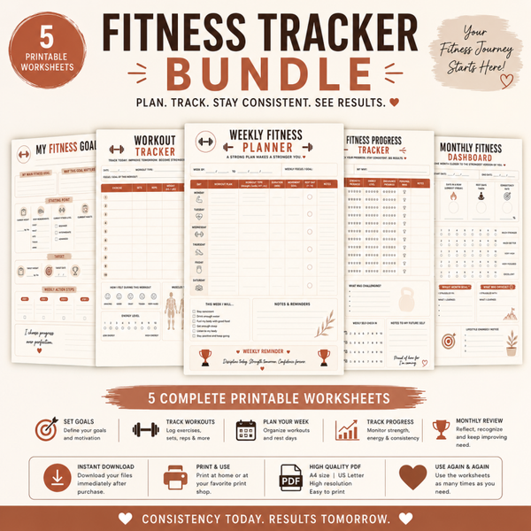Fitness Tracker Printable Bundle | Workout Planner & Fitness Progress Worksheets