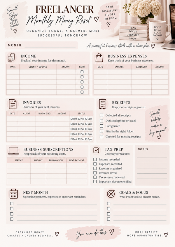 Free Freelancer Monthly Finance Tracker | Income, Expenses & Tax Prep Printable
