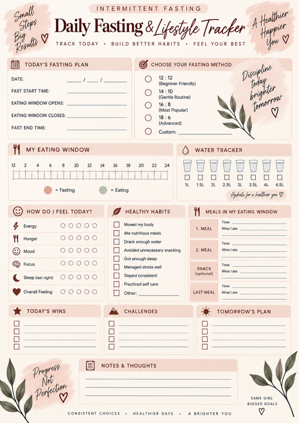 Intermittent Fasting Tracker Printable | 16:8 Fasting Planner & Eating Window Tracker